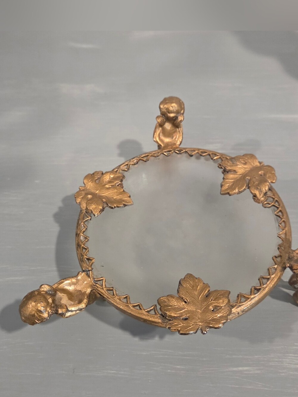 Vintage Ormolu 1970s Gold Brass Frosted Glass Cherubs Footed Trinket Dish 5.6 In